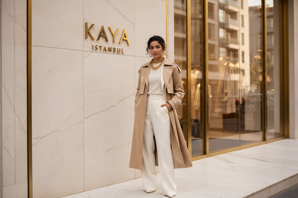 Elegant Turkish fashion campaign for a women's clothing brand “Kaya Istanbul”. 
A confident young woman with Mediterranean features wearing stylish beige and white modern clothing, posing in front of a luxury minimalist boutique with the Kaya Istanbul logo on the wall. 
Soft natural daylight, warm tones, marble and gold details, modern Istanbul city vibe, cinematic high-fashion photography, Vogue magazine style, ultra-realistic 8K, professional lighting, shallow depth of field, clean background, elegant and